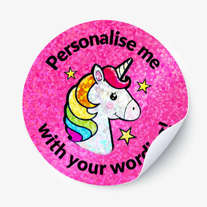 Sticker with a unicorn design and text on a pink background