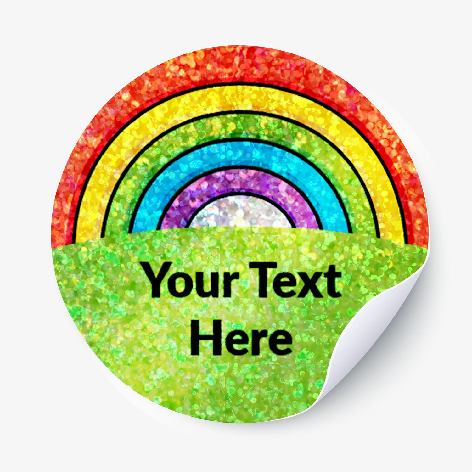 Round sticker with rainbow design and customizable text area.