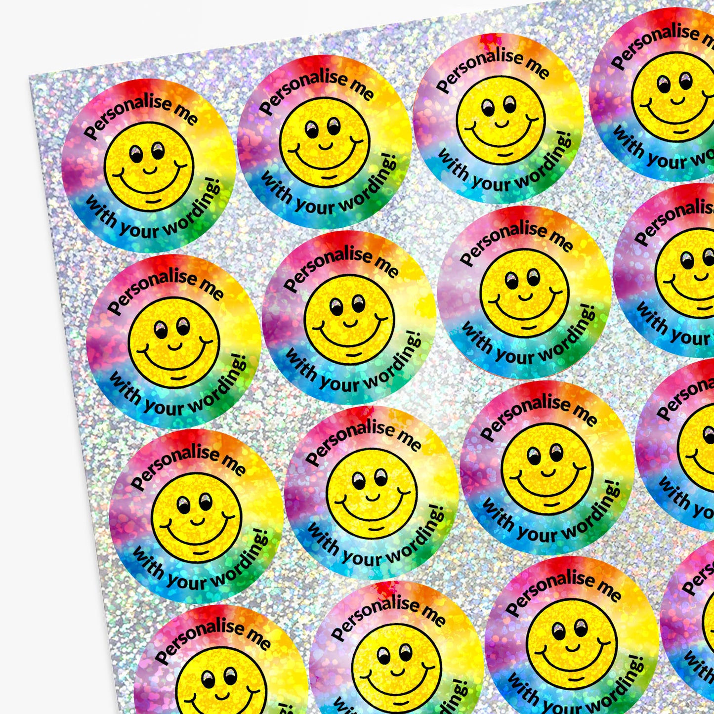 Sheet of Smiley face stickers with 'Personalise me with your wording!' text.