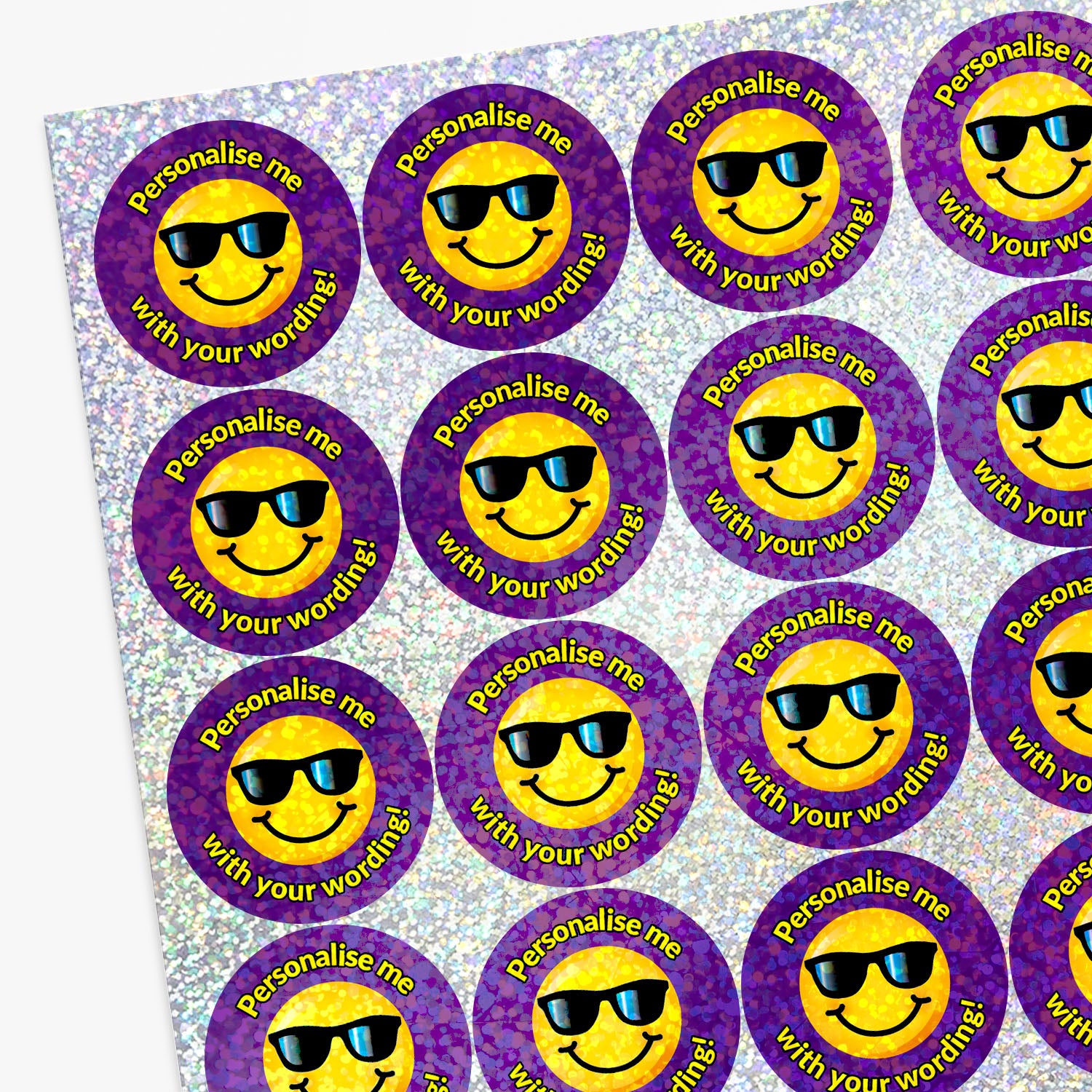 Sheet og Smiley face with sunglasses stickers with 'Personalise me with your wording!' text.