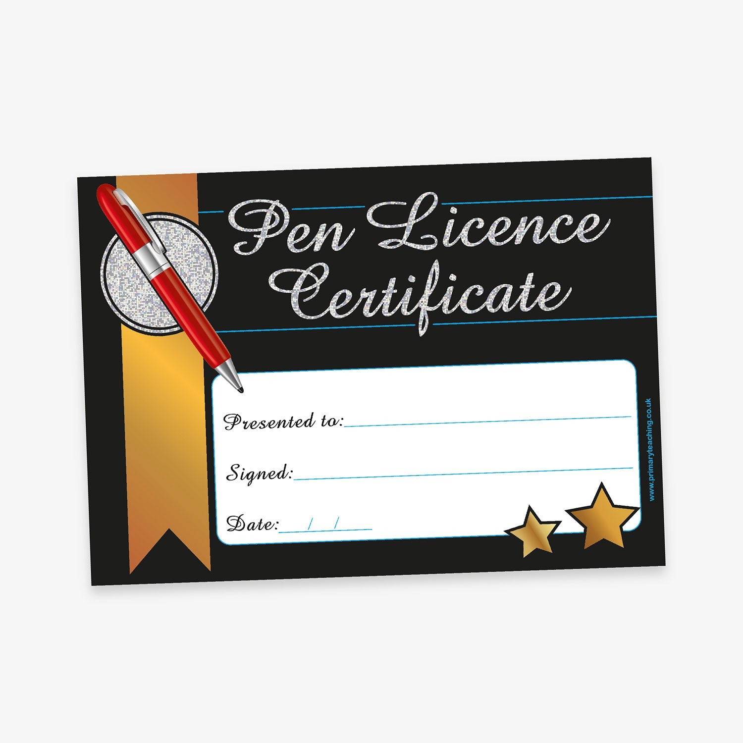 A formal 'Pen Licence Certificate' with a black background and gold accents. The title is written in elegant silver holographic cursive at the top. A red pen is displayed on a gold ribbon to the left, resembling a medal. The certificate includes blank lines labelled: 'Presented to:', 'Signed:', and 'Date:'. At the bottom right are two gold stars symbolising achievement.