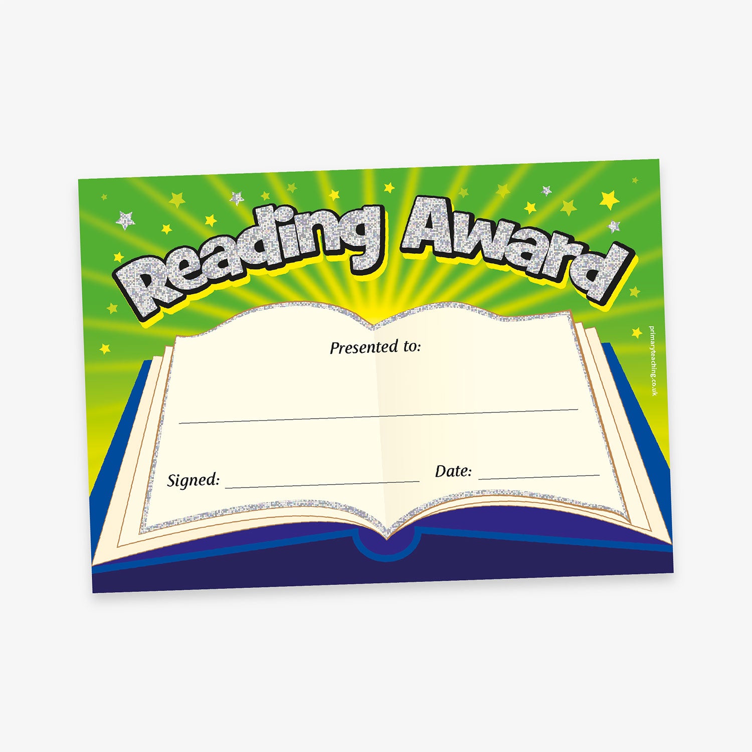A vibrant A5-sized holographic reading award certificate featuring a green background with radiating yellow beams, an open book illustration at the centre, and the bold, glittery title "Reading Award" at the top. The certificate includes designated spaces for "Presented to," "Signed," and "Date," making it ideal for recognising pupils' reading achievements.