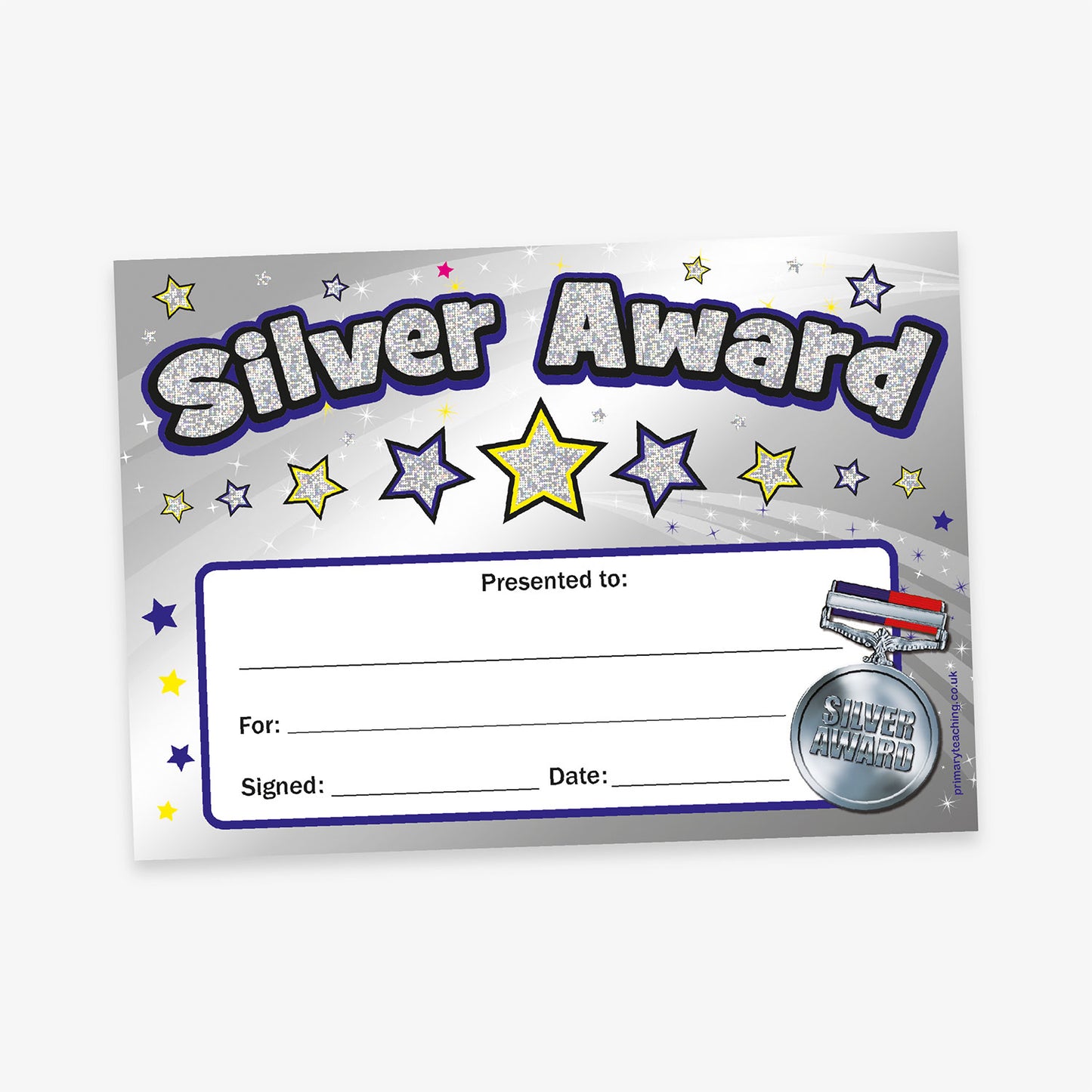 A5-sized holographic silver award certificate featuring a bold 'Silver Award' title with a glittery effect, a silver medal illustration in the bottom right corner and star emblems. Designated spaces for recipient's name, reason for the award, signature, and date.