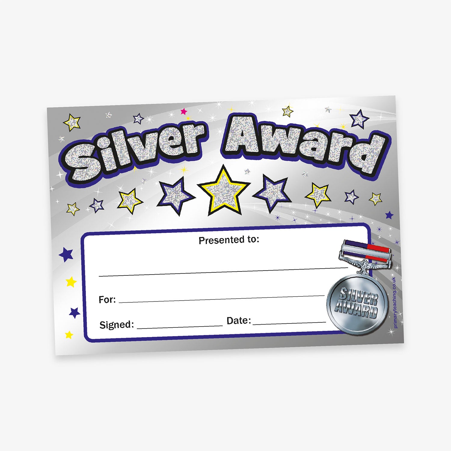 A5-sized holographic silver award certificate featuring a bold 'Silver Award' title with a glittery effect, a silver medal illustration in the bottom right corner and star emblems. Designated spaces for recipient's name, reason for the award, signature, and date.
