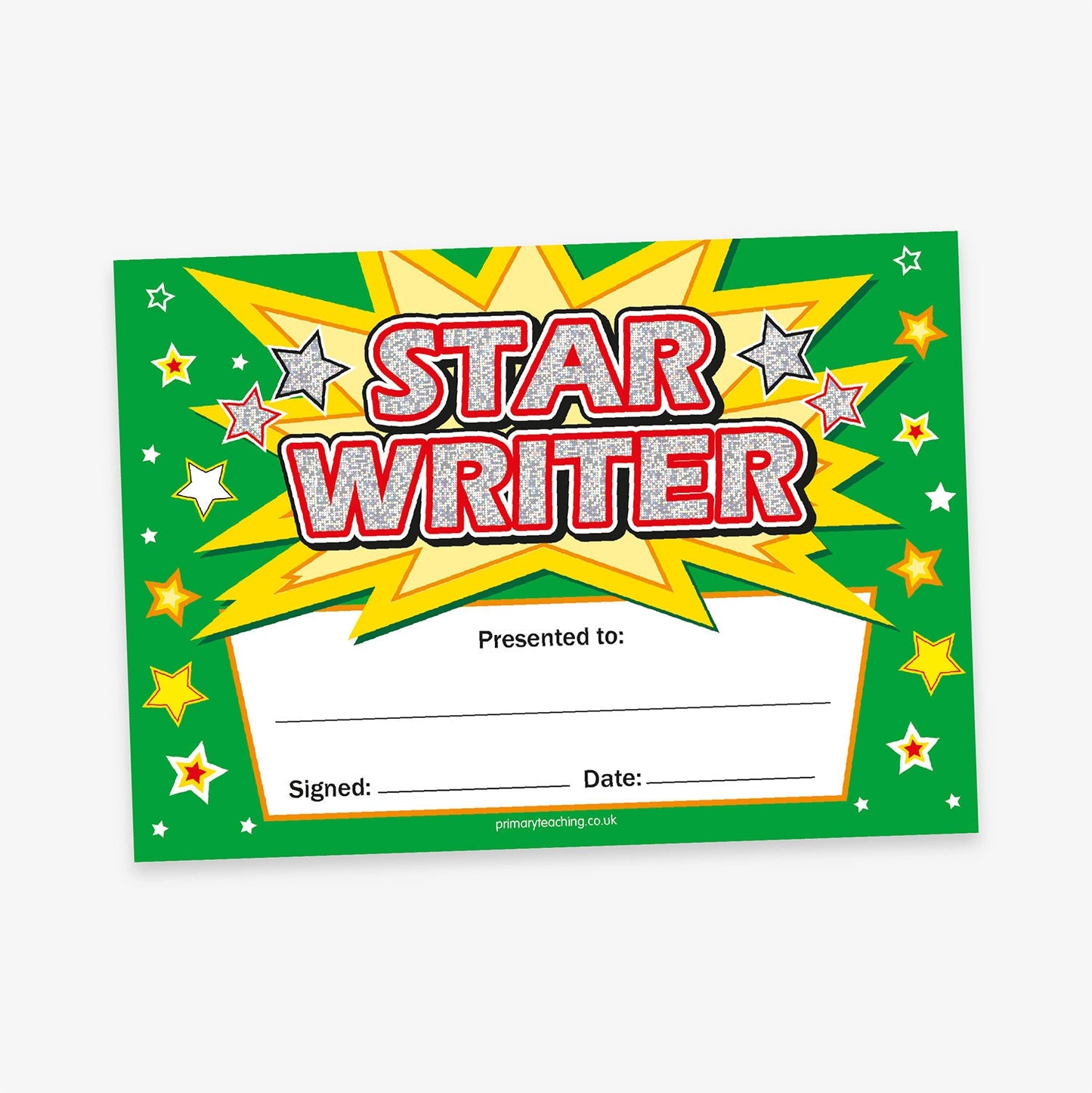 Star Writer' certificate with a green background, comic-style yellow burst, and holographic red and white text. The design is decorated with stars and includes blank fields labelled 'Presented to', 'Signed', and 'Date'.