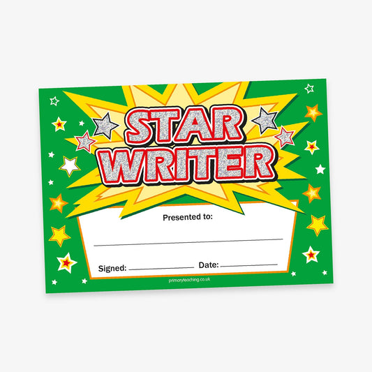 Star Writer' certificate with a green background, comic-style yellow burst, and holographic red and white text. The design is decorated with stars and includes blank fields labelled 'Presented to', 'Signed', and 'Date'.