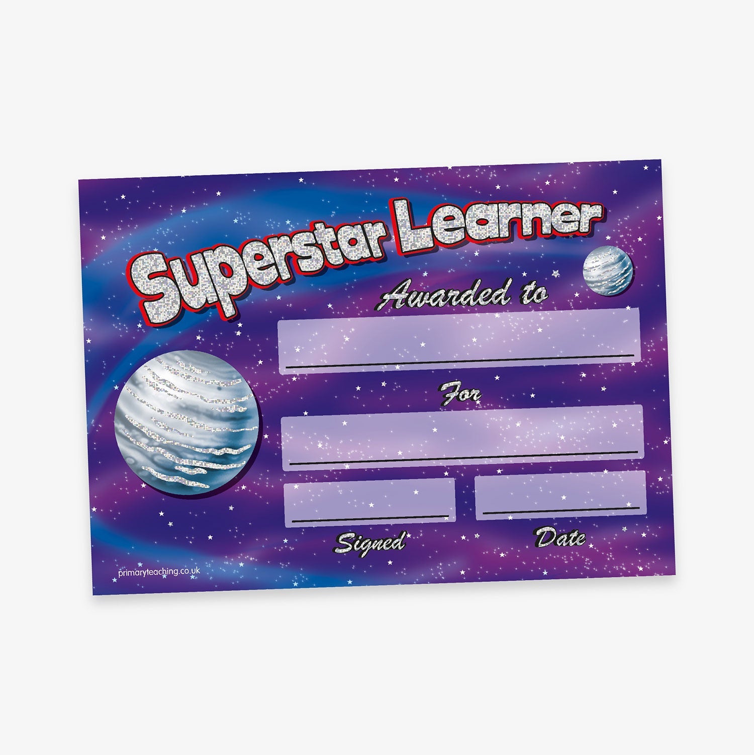 A 'Superstar Learner' certificate with a cosmic space theme. The background features a purple and blue galaxy with stars and two planets. The title 'Superstar Learner' is written in glittery red and white letters at the top. There are three lavender-coloured boxes for entering text, with the labels: 'Awarded to', 'For', 'Signed', and 'Date' placed beside or above them.