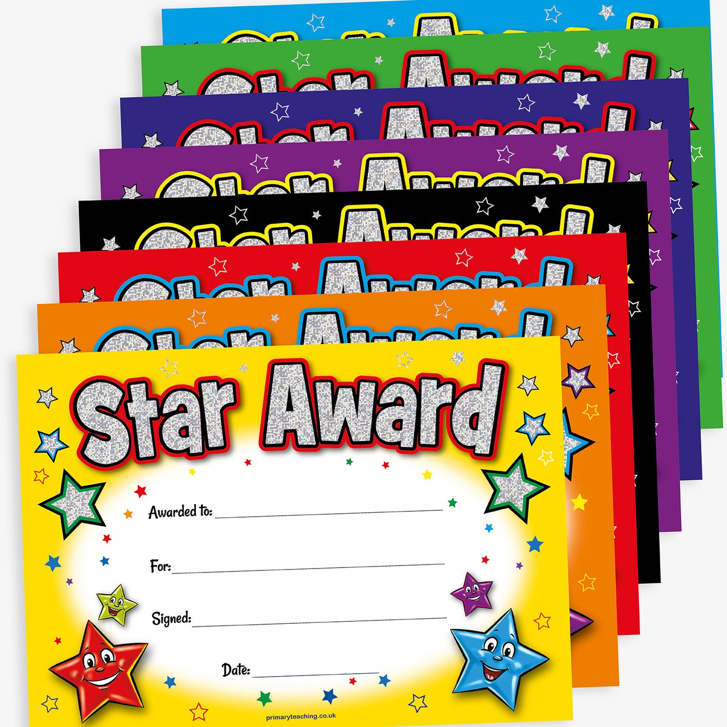 A colourful set of 'Star Award' certificates in various background colours including yellow, orange, red, black, purple, blue, and green. Each certificate features holographic text, smiling cartoon stars, and blank fields for the recipient’s name, reason for the award, signature, and date.