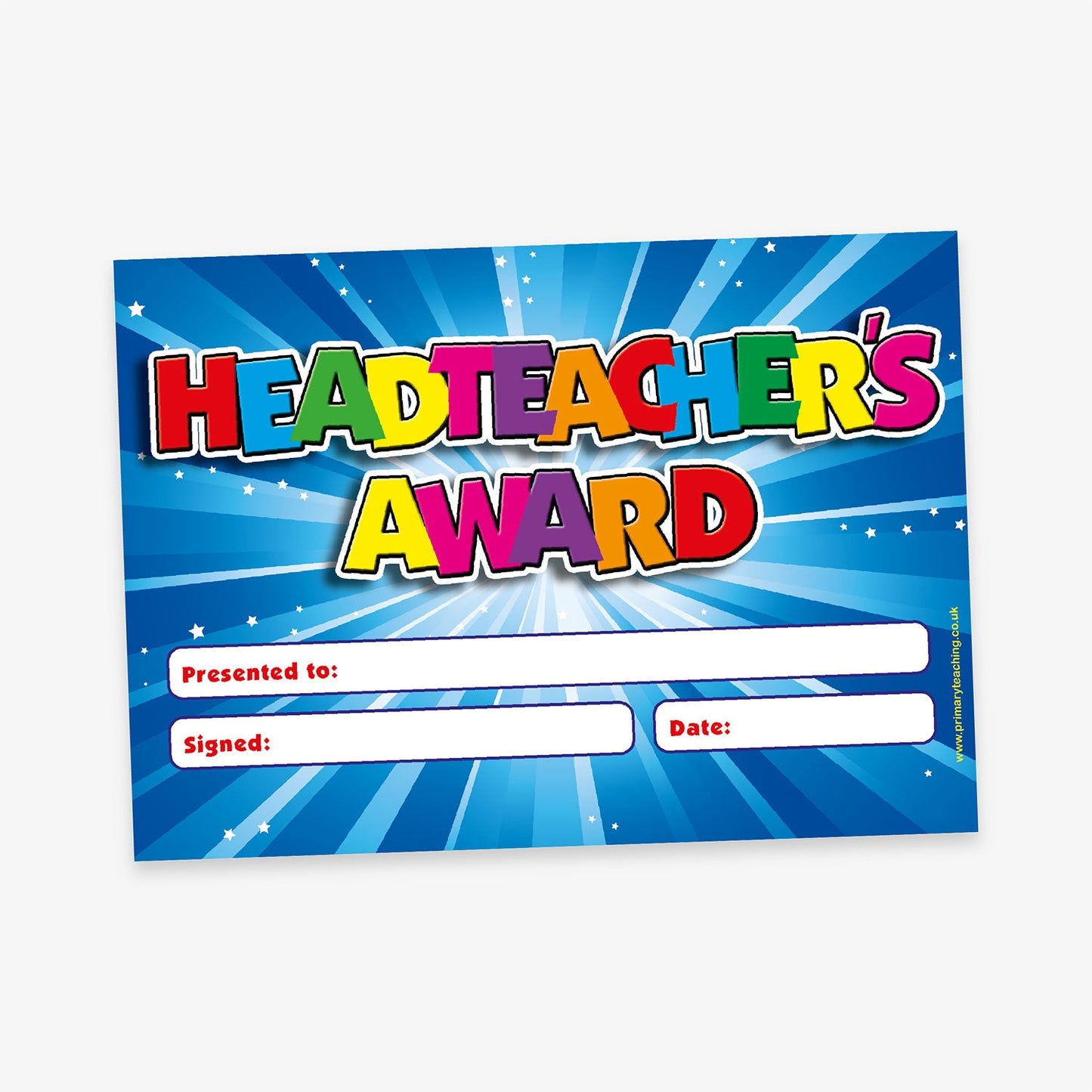 'Headteacher’s Award' certificate with bold, multicoloured text on a blue starburst background. The certificate includes blank fields for the recipient’s name, signature, and date.