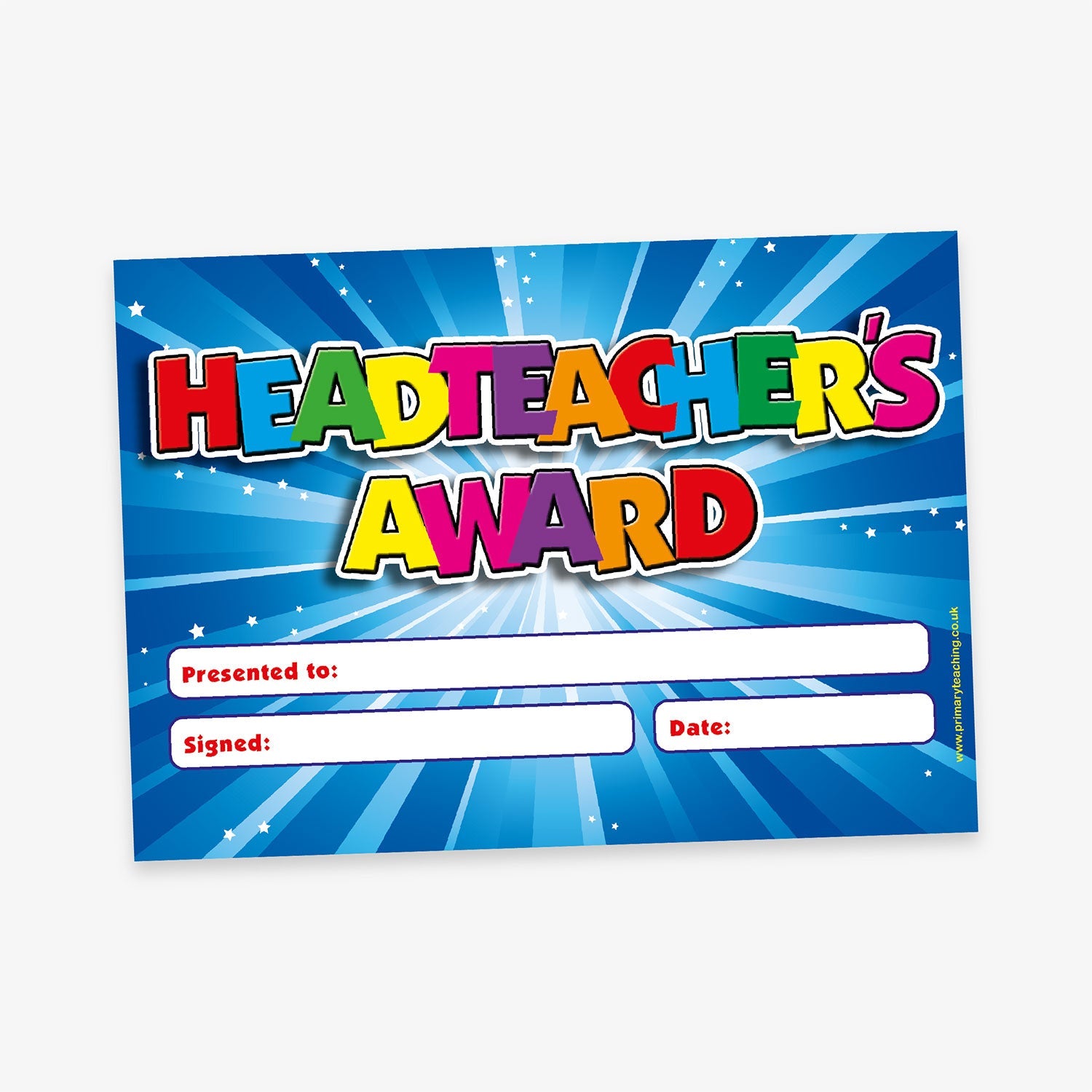 'Headteacher’s Award' certificate with bold, multicoloured text on a blue starburst background. The certificate includes blank fields for the recipient’s name, signature, and date.