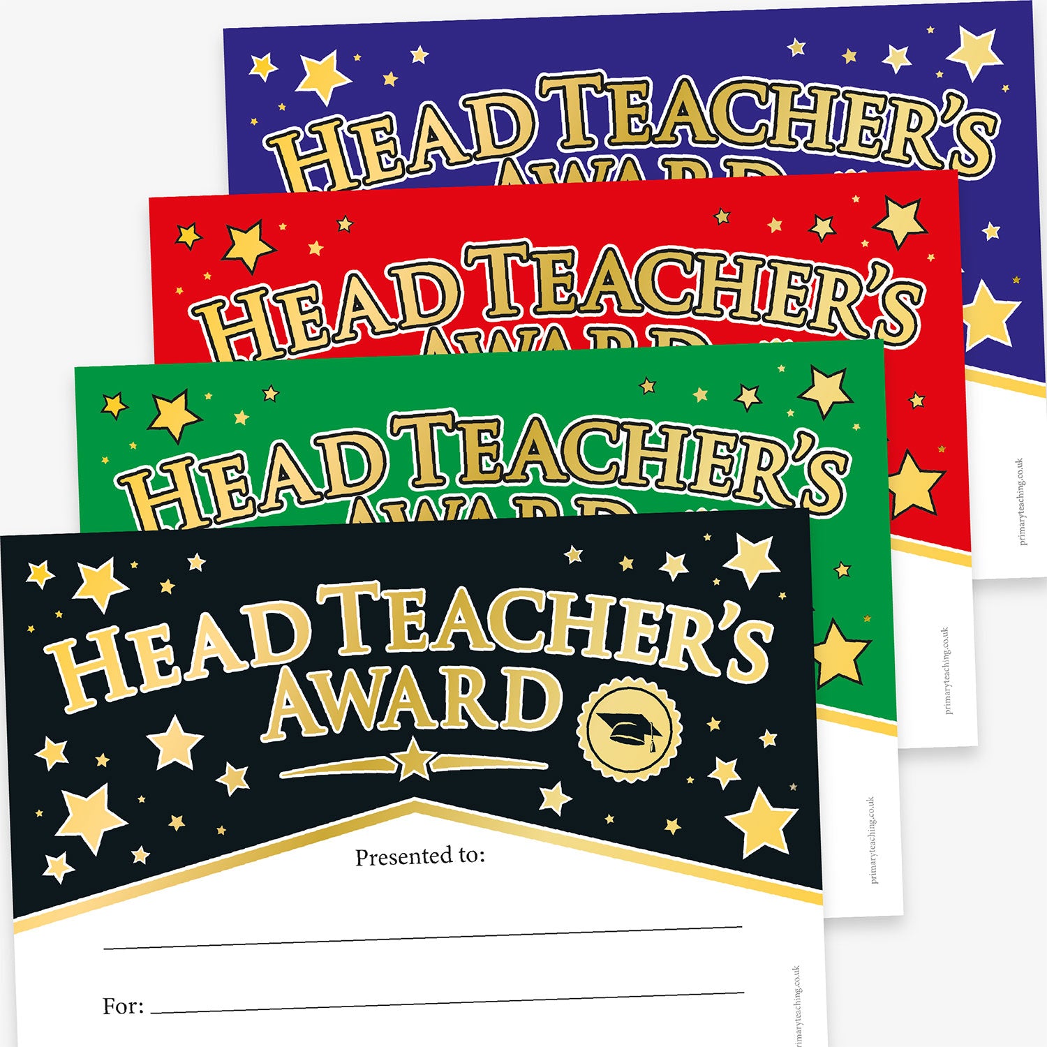 A set of colourful 'Head Teacher's Award' certificates in purple, red, green, and black. Each certificate features bold gold text with star decorations and a space at the bottom for the recipient's name and award details.