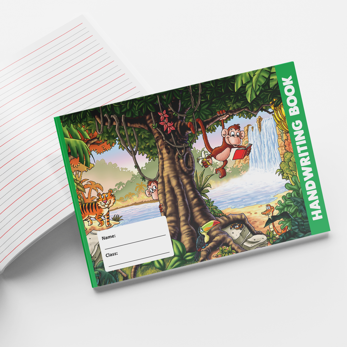 Jungle themed children's handwriting practice books. Shows cover and lined inner page.