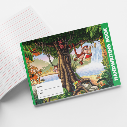 Jungle themed children's handwriting practice books. Shows cover and lined inner page.