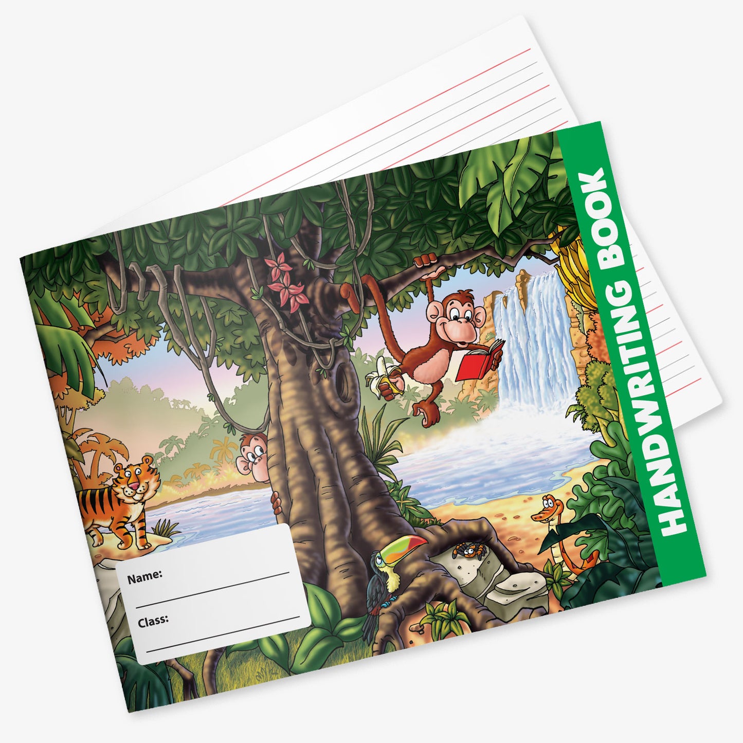 A children's handwriting practice book with a colourful jungle illustration on the cover, shown open to lined writing pages.