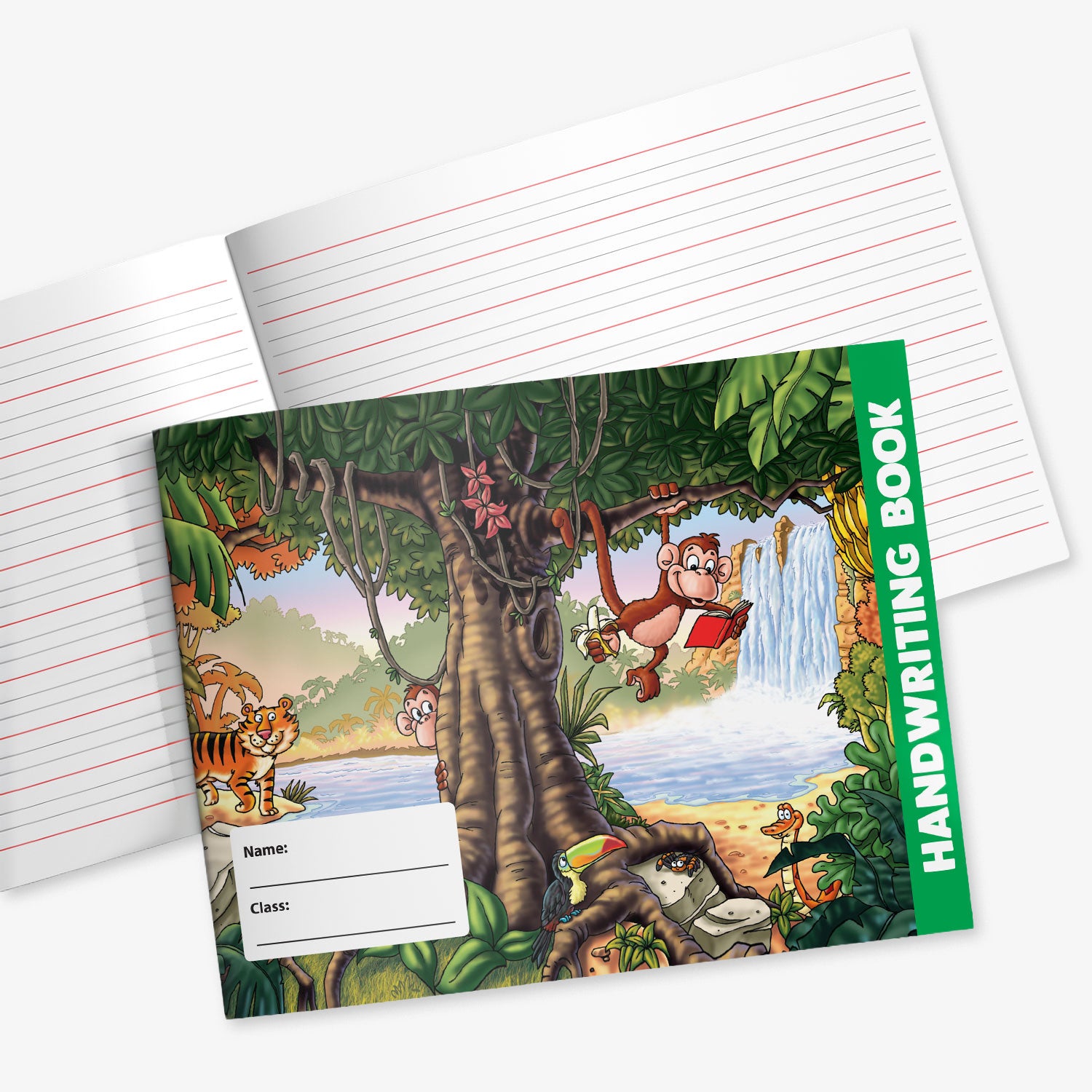 A children's handwriting book with a colourful jungle cover illustration and lined white writing pages behind it.