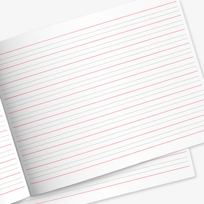 Internal page of handwriting practice book  showing lines to support the formation of ascenders and descenders.