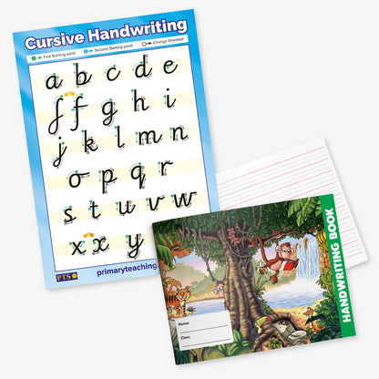 A children's handwriting practice set on a light grey background, including a blue wipe-clean copy card  and a colourful jungle-themed Handwriting Book.