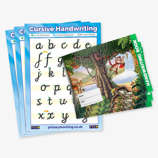 A set of children's handwriting practice books and cards. A stack of A5 jungle-themed handwriting practice books with a stack of cursive handwriting copy cards.