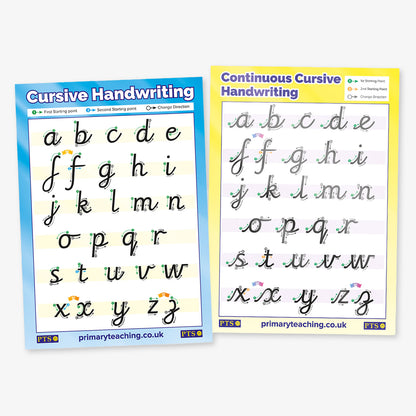 Two-sided handwriting practice cards for cursive writing. One side is blue and one side is yellow.