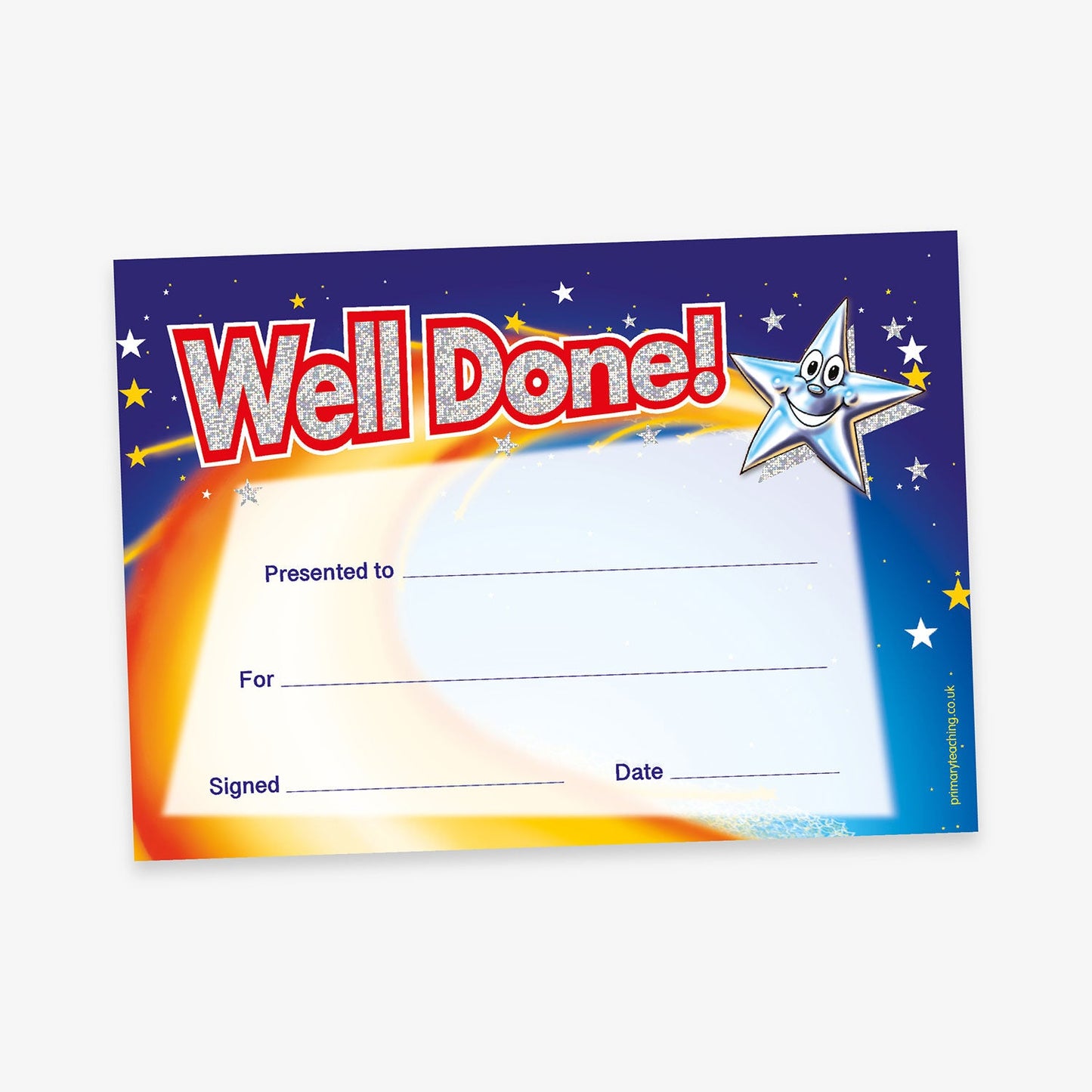 A5-sized holographic 'Well Done' certificate featuring a vibrant design with a smiling star character. The certificate includes spaces labelled 'Presented to', 'For', 'Signed', and 'Date' 