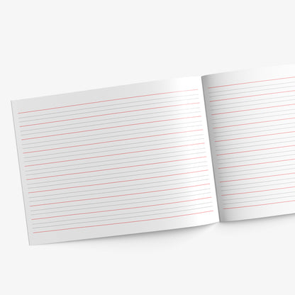 Open pages showing lines for practicing writing including feint higher and lower lines for ascenders and descenders.