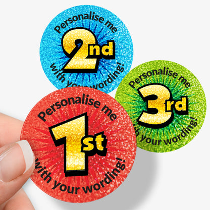 Three colorful stickers with numbers and text 'Personalise me' on a white background.