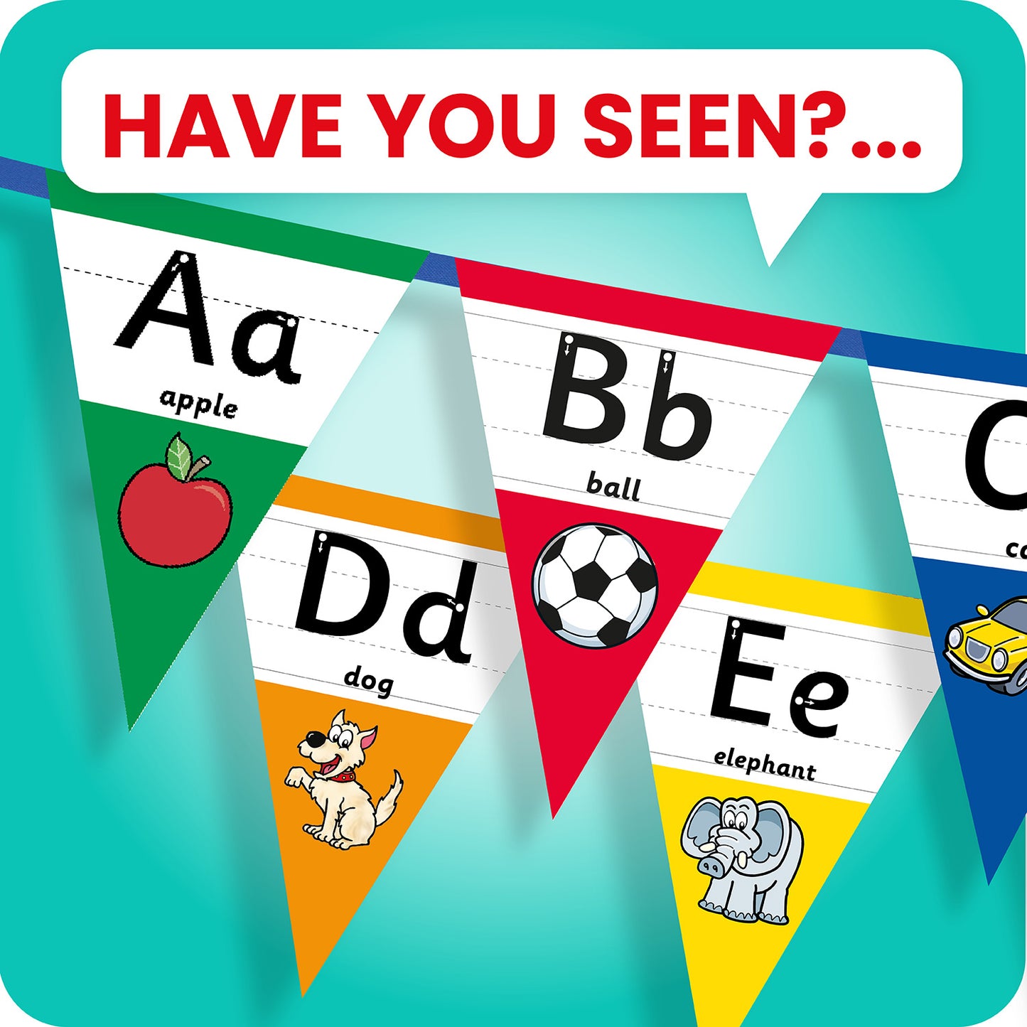 Colourful number bunting on blue ribbon featuring the letters in both capital and small letters Aa, Bb and Cc - each flag has images at the point of the bunting relating to the letter and the word; example Aa, word: apple and an image of a red apple.