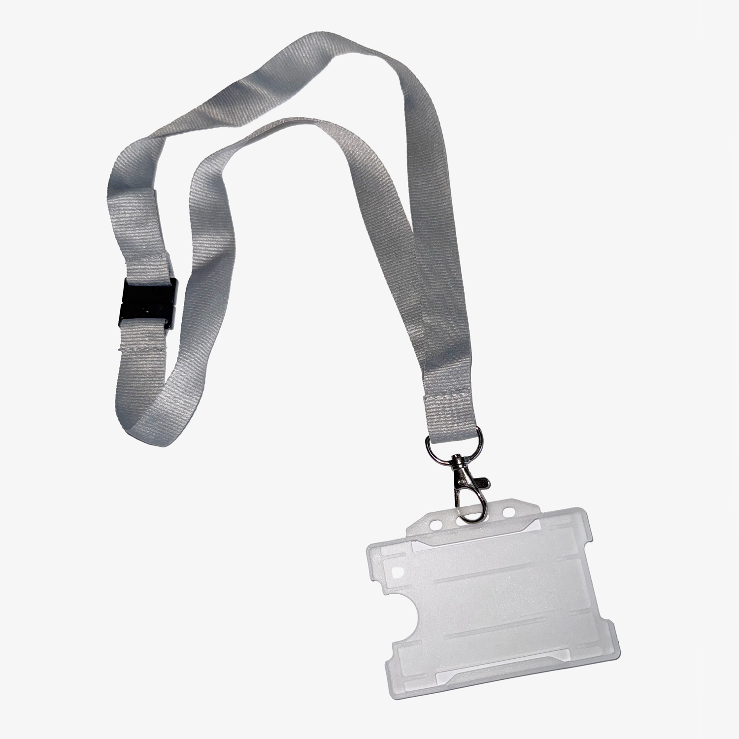 Grey lanyard with clear card holder with quick release clip at the neck.