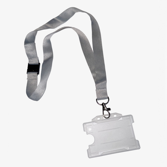 Grey lanyard with clear card holder with quick release clip at the neck.