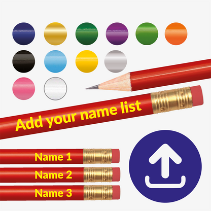 Red pencils with gold accents and colourful eraser options on a white background.  Shows colours of all 13 pencils with an upload icon.