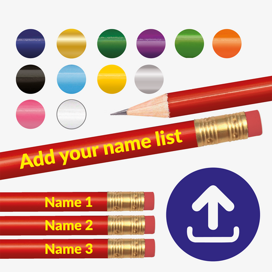 Red pencils with gold accents and colourful eraser options on a white background.  Shows colours of all 13 pencils with an upload icon.