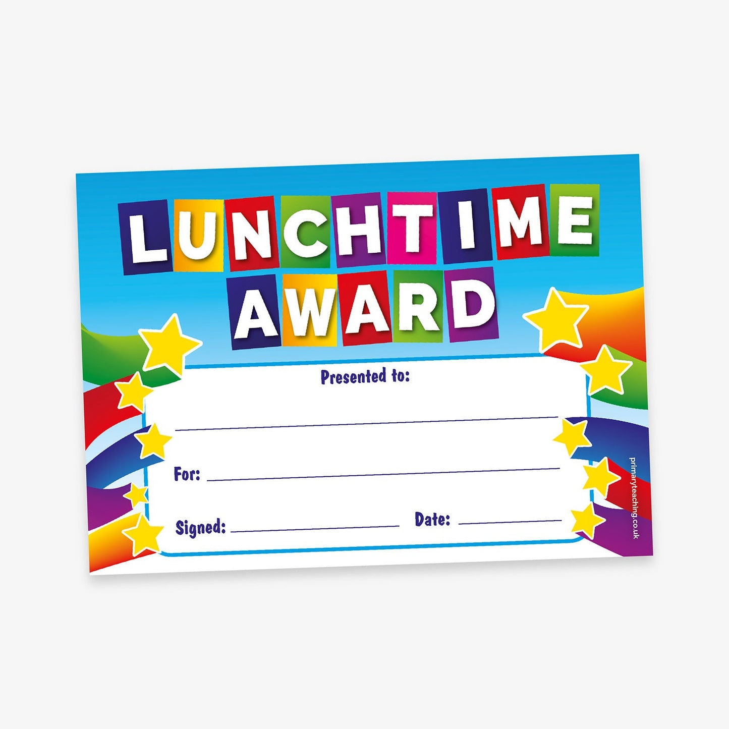 A bright and cheerful 'Lunchtime Award' certificate with a blue sky background and a colourful rainbow design. The title 'Lunchtime Award' is displayed in bold block letters, each in a different colour and set against individual squares. The certificate features yellow stars as decoration and includes blank lines for: 'Presented to:', 'For:', 'Signed:', and 'Date:'.