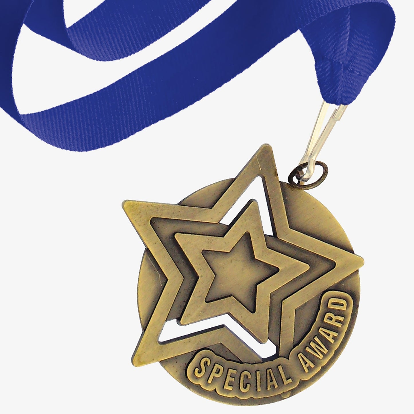 Gold-coloured Special Award medal featuring 2 sizes of stars. The words 'SPECIAL AWARD' are engraved across the front. The medal is attached to a royal blue ribbon with a metal clip.