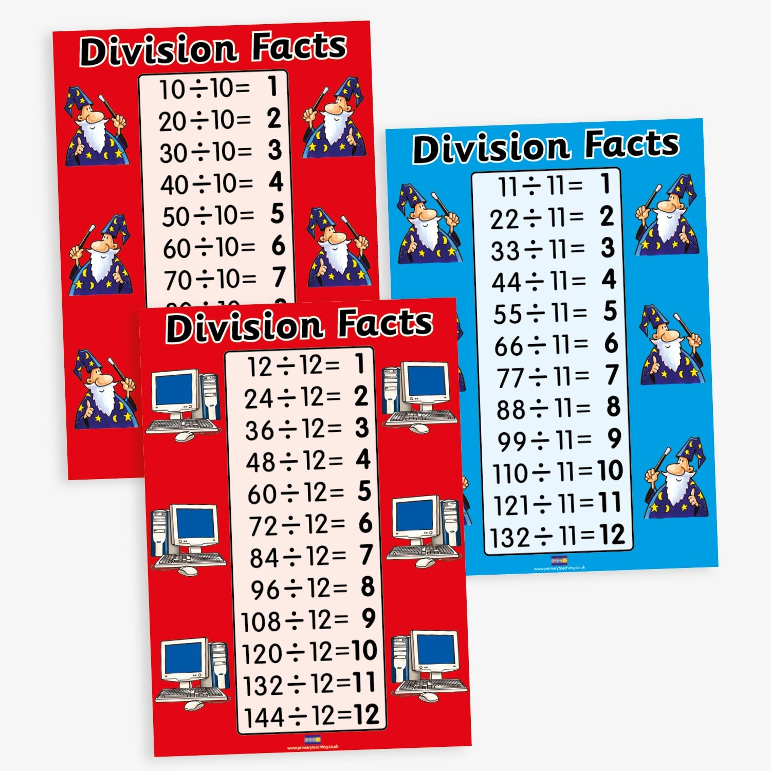3 Posters showing division facts for dividing by 10, 11 or 12.  Vibrant colours of red and cyan.