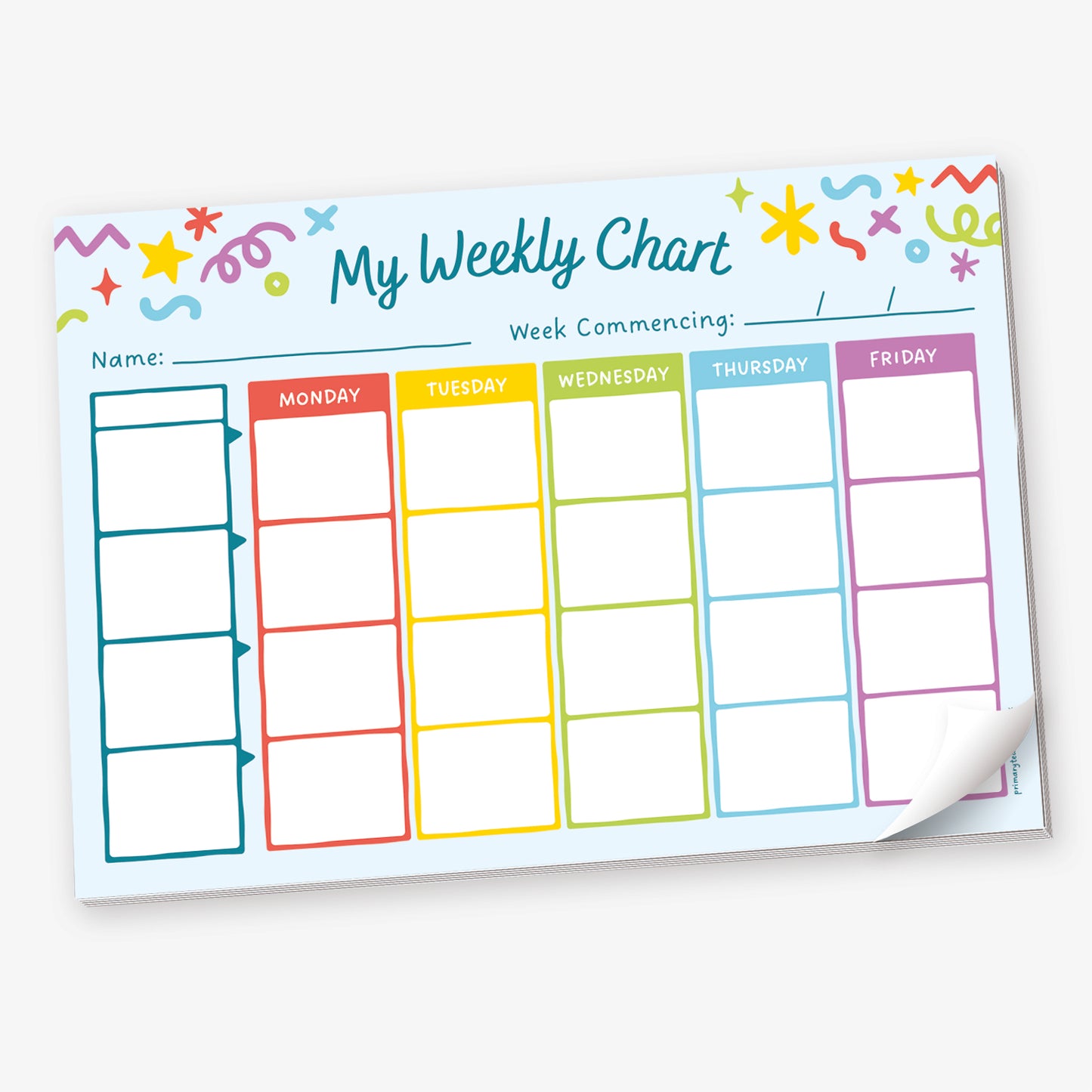 A colourful 'My Weekly Chart' planner with columns for each weekday from Monday to Friday, each in a different colour. The chart includes rows for tasks or goals and spaces to fill in the name and the week commencing date. Decorative confetti designs adorn the top, and the bottom-right corner of the page is curled.