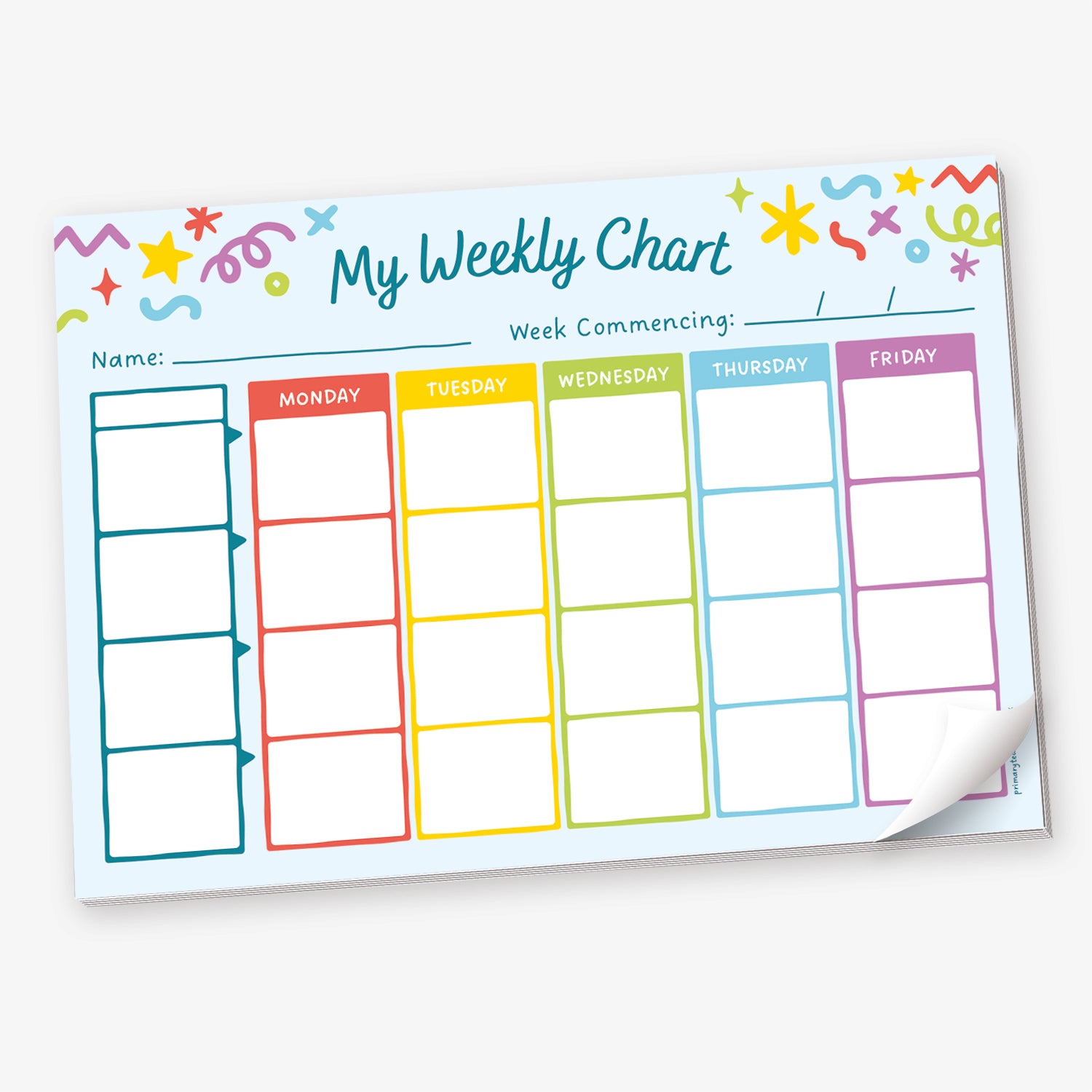 A colourful 'My Weekly Chart' planner with columns for each weekday from Monday to Friday, each in a different colour. The chart includes rows for tasks or goals and spaces to fill in the name and the week commencing date. Decorative confetti designs adorn the top, and the bottom-right corner of the page is curled.