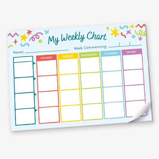 A colourful 'My Weekly Chart' planner with columns for each weekday from Monday to Friday, each in a different colour. The chart includes rows for tasks or goals and spaces to fill in the name and the week commencing date. Decorative confetti designs adorn the top, and the bottom-right corner of the page is curled.