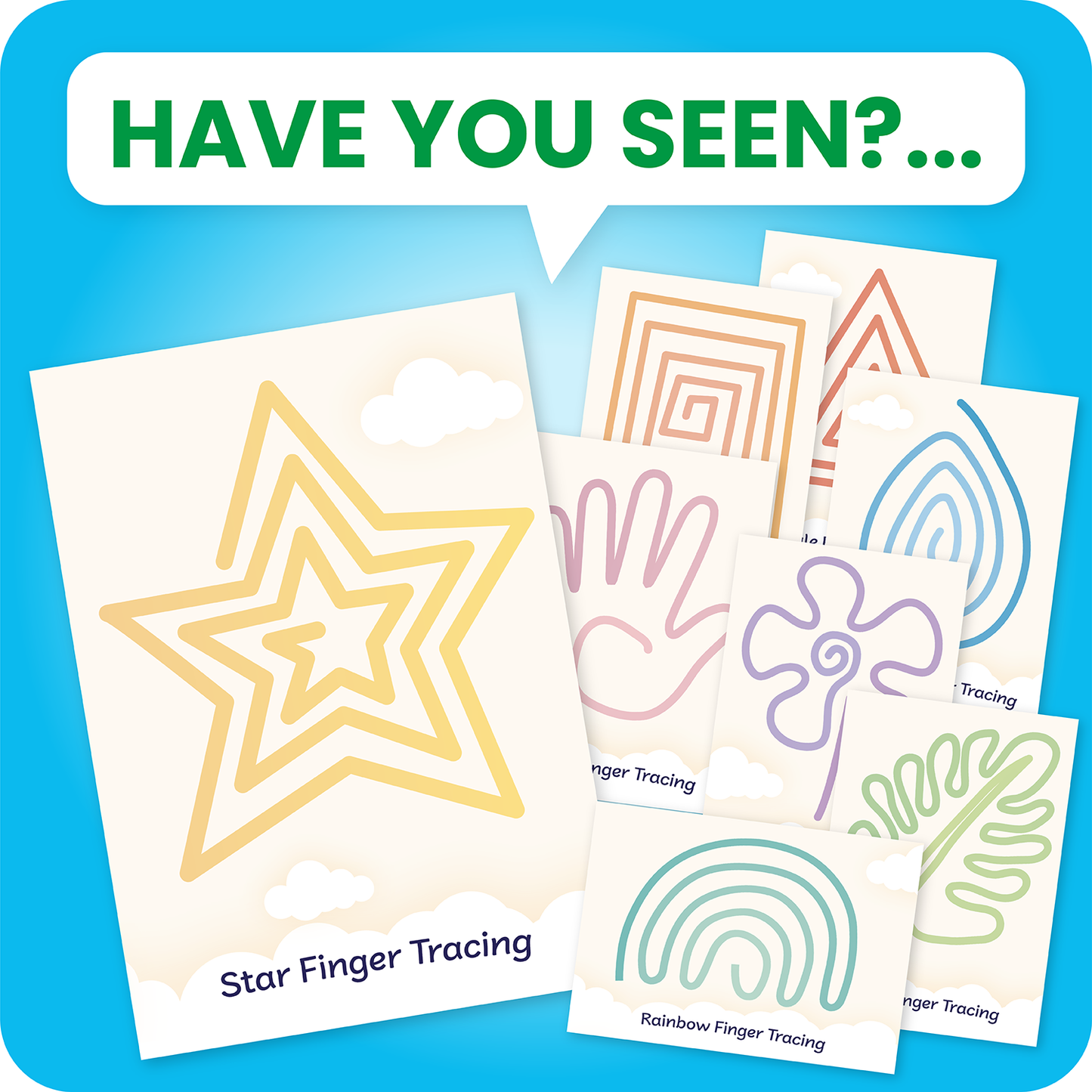Have you seen?... A collection of colourful finger tracing cards, each featuring a unique line pattern in various shapes such as hands, spirals, stars, triangles, rainbows, and abstract forms. The designs are drawn in pastel colours including pink, orange, green, blue, purple, and yellow, intended for sensory or fine motor skills development. Text in the corner reads 'Rainbow Finger Tracing'
