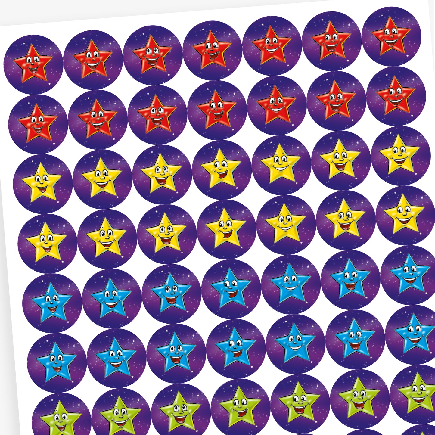 Sheet of round reward stickers featuring colourful smiling stars in green, blue, red, orange, pink, and yellow. Each star has a cheerful face and is set against a purple starry background.