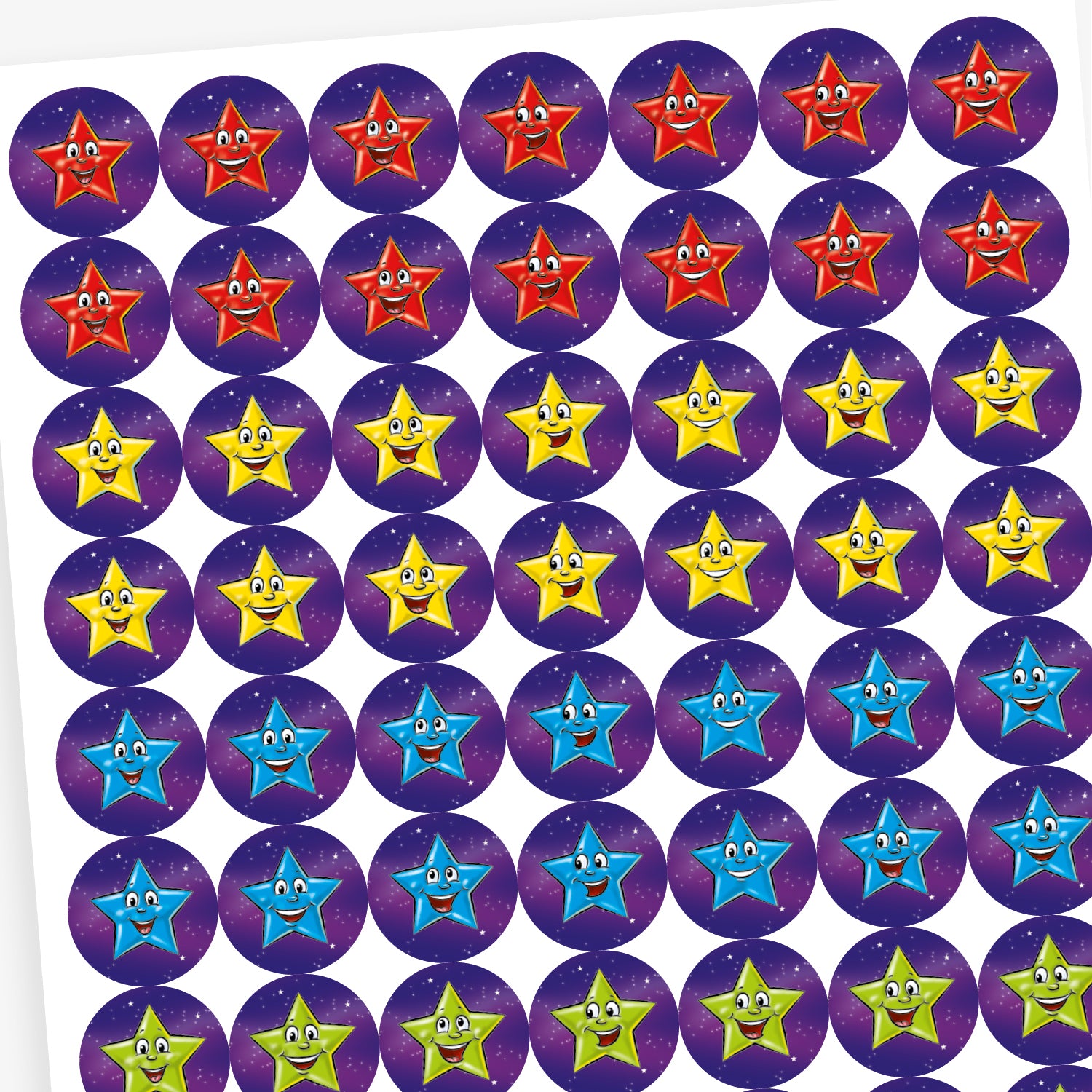 Sheet of round reward stickers featuring colourful smiling stars in green, blue, red, orange, pink, and yellow. Each star has a cheerful face and is set against a purple starry background.