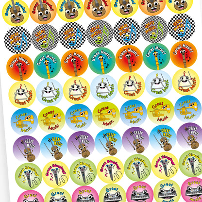 A sheet of colourful circular stickers with the phrase 'Great Music'. Each sticker features a cheerful cartoon musical instrument, including a musical note, drum, trumpet, keyboard, guitar, maracas, triangle, and recorder. The backgrounds vary in bright colours and patterns, designed to celebrate musical achievement in a fun and engaging way.