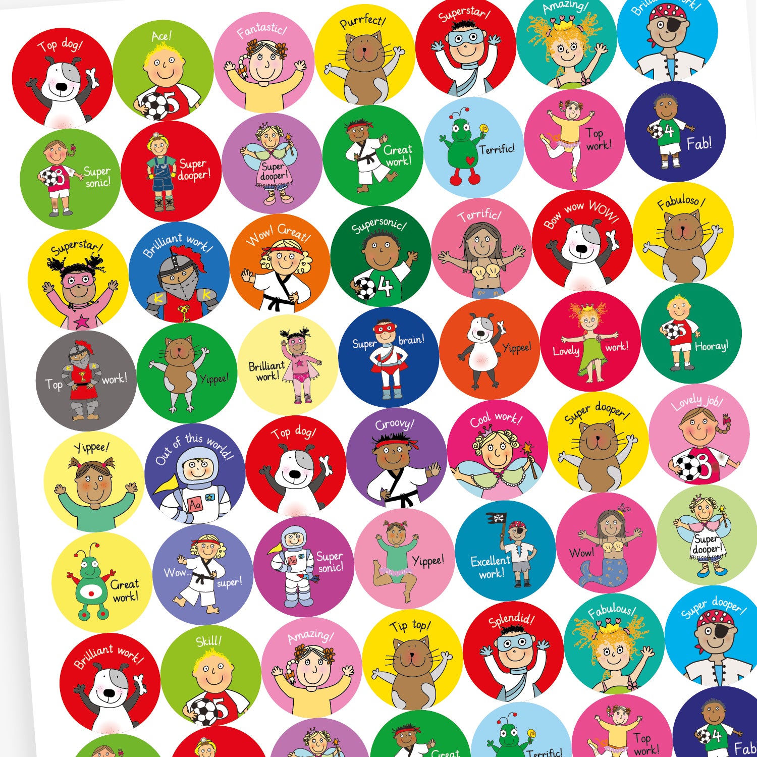 An overview of a sheet of rectangular motivational stickers for children, each featuring a positive affirmation and a cheerful cartoon character. Messages include: 'Super dooper!', 'Ace', 'Top dog!', 'Supersonic' and 'Superstar'. Characters include a princess, dog, footballer, knight and superhero, with each sticker brightly coloured.
