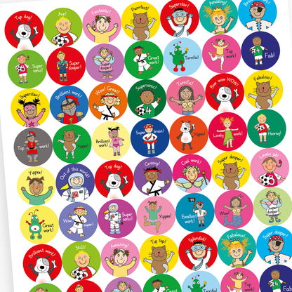 An overview of a sheet of rectangular motivational stickers for children, each featuring a positive affirmation and a cheerful cartoon character. Messages include: 'Super dooper!', 'Ace', 'Top dog!', 'Supersonic' and 'Superstar'. Characters include a princess, dog, footballer, knight and superhero, with each sticker brightly coloured.
