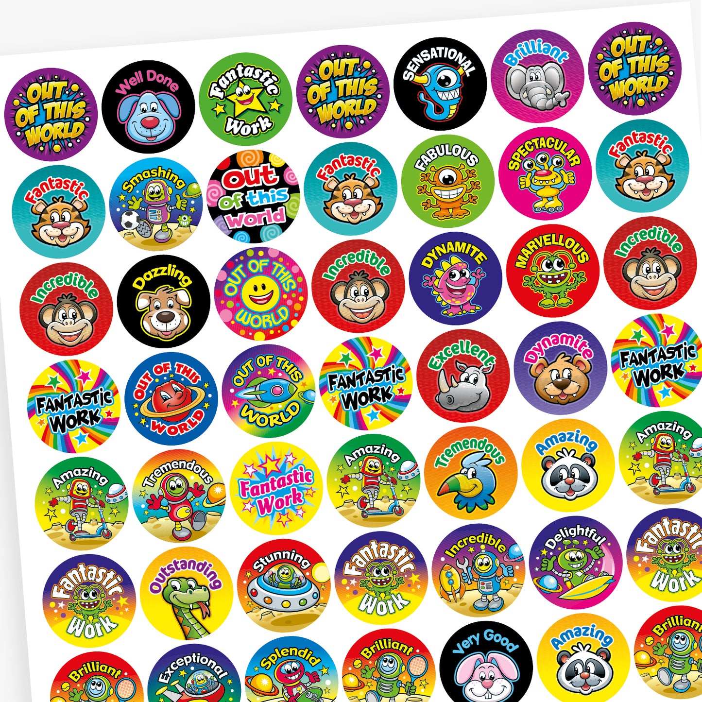 Sheet of colourful reward stickers with fun cartoon characters and praise words such as 'Out of this World', 'Well Done', 'Fantastic Work', 'Smashing', 'Incredible', and 'Dazzling'. Designs include animals, stars, robots, and smiley faces