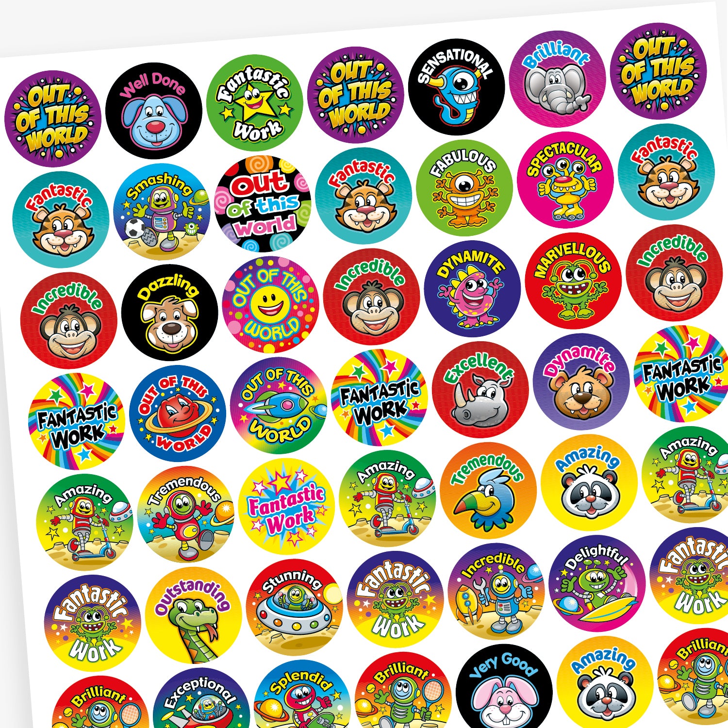 Sheet of colourful reward stickers with fun cartoon characters and praise words such as 'Out of this World', 'Well Done', 'Fantastic Work', 'Smashing', 'Incredible', and 'Dazzling'. Designs include animals, stars, robots, and smiley faces