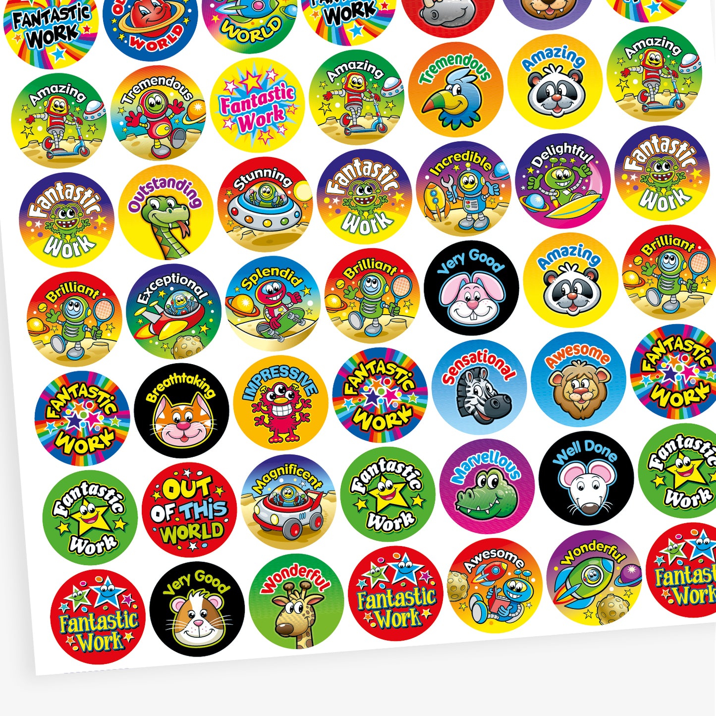 Overview of a sheet of colourful reward stickers with fun cartoon characters and praise words such as 'Out of this World', 'Well Done', 'Fantastic Work', 'Smashing', 'Incredible', and 'Dazzling'. Designs include animals, stars, robots, and smiley faces