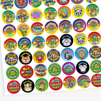 Overview of a sheet of colourful reward stickers with fun cartoon characters and praise words such as 'Out of this World', 'Well Done', 'Fantastic Work', 'Smashing', 'Incredible', and 'Dazzling'. Designs include animals, stars, robots, and smiley faces