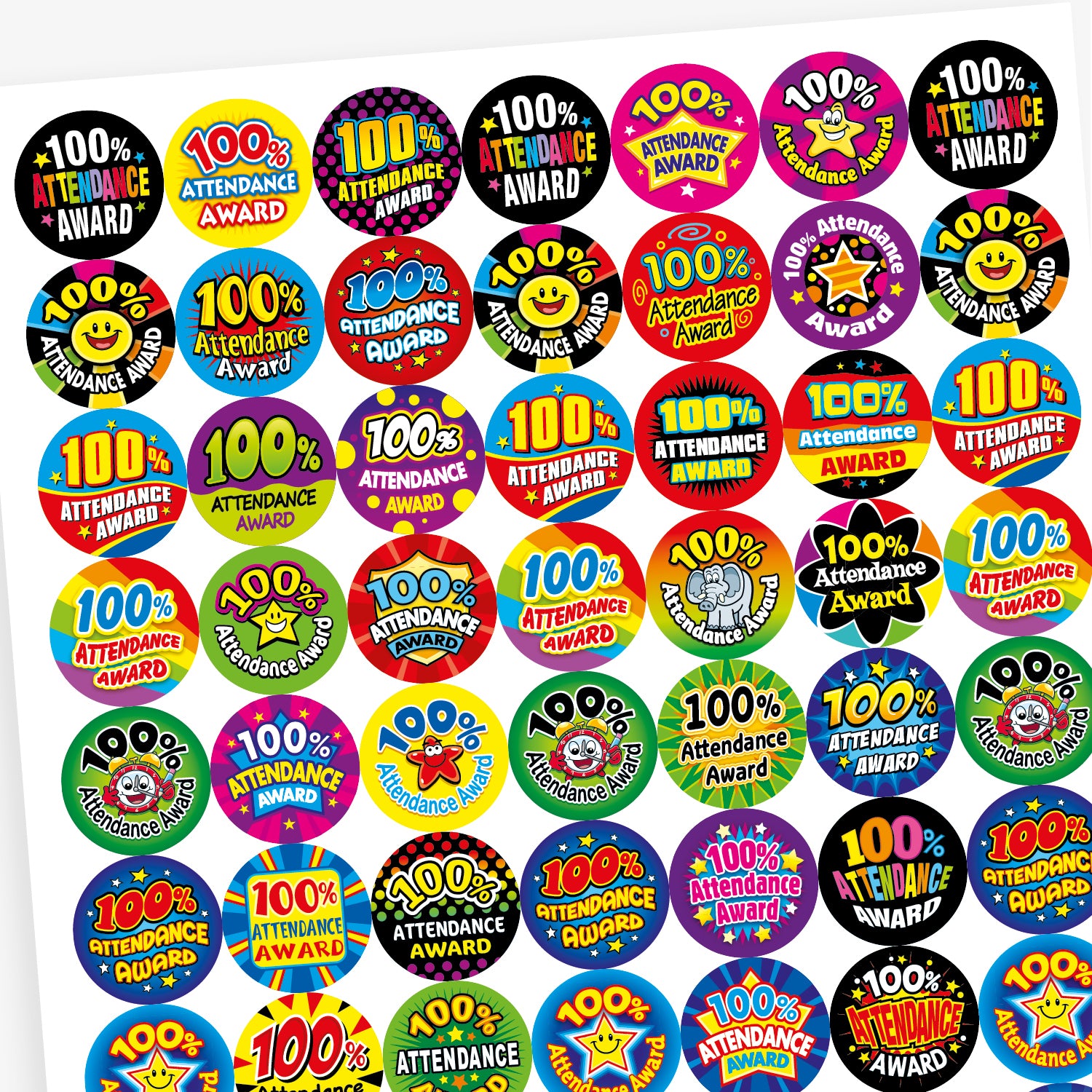 A sheet of 25mm round stickers celebrating 100% attendance. Each sticker features bold, colourful designs with the text '100% Attendance Award' in various fonts and backgrounds, including stars, smiley faces, and vibrant patterns. Ideal for rewarding pupils' perfect attendance.
