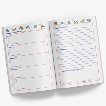 Inside pages of book with a space for each weekday on the left page and on the right page space for 'Spelling / Tables', 'Homework' and space for Parent/Teacher/Pupil comments with signature spaces for the parent and teacher to sign.
