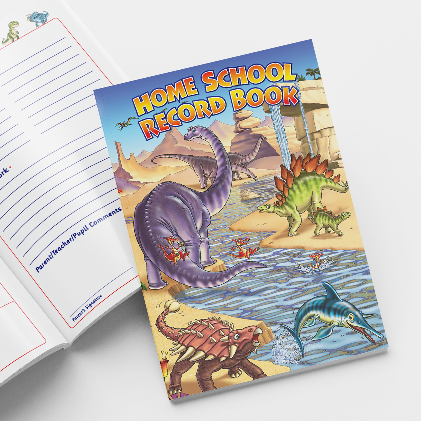 Illustrated cover of a 'Home School Record Book' featuring colourful cartoon dinosaurs by a river in a desert landscape. Dinosaurs include a purple Brachiosaurus, green Stegosaurus, red Pteranodon, and others. The open book beside it displays a lined page with sections labelled for pupil and parent/teacher comments.
